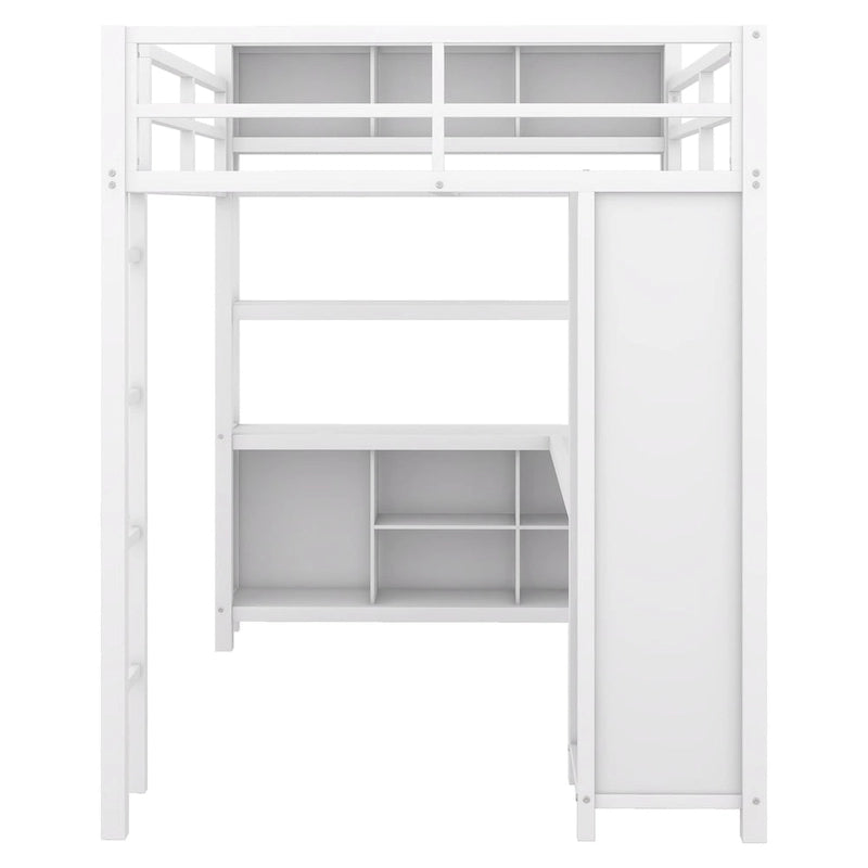Lit mezzanine en métal pleine taille avec bureau en L, armoire et étagères de rangement, blanc cassé