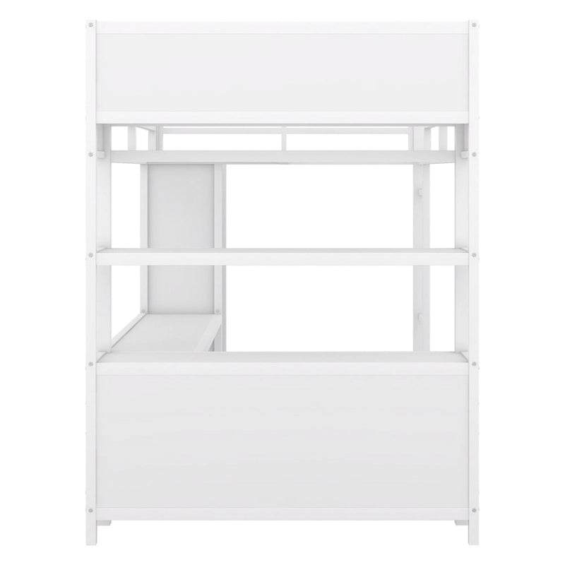 Lit mezzanine en métal pleine taille avec bureau en L, armoire et étagères de rangement, blanc cassé