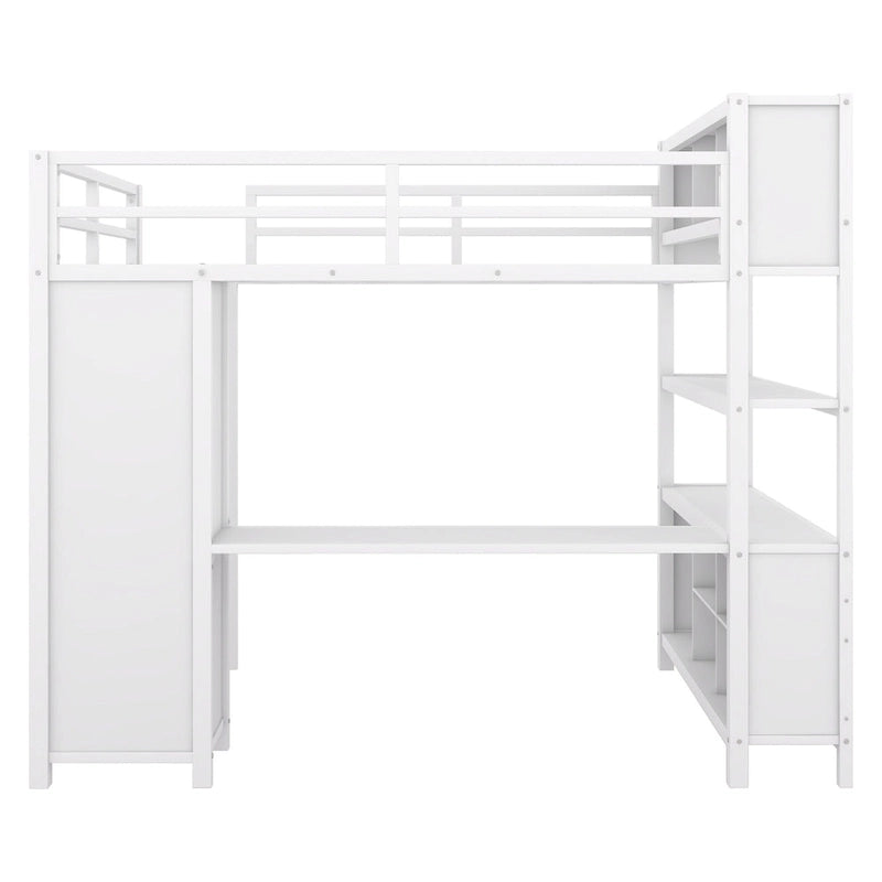 Lit mezzanine en métal pleine taille avec bureau en L, armoire et étagères de rangement, blanc cassé