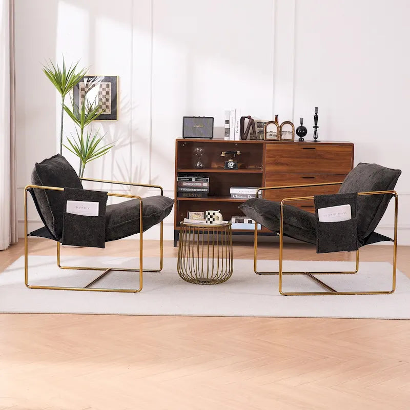 Fauteuil d'appoint moderne en velours, coussin en mousse broyée, structure tubulaire en acier doré, gris foncé