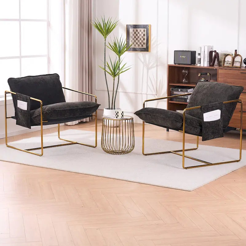 Fauteuil d'appoint moderne en velours, coussin en mousse broyée, structure tubulaire en acier doré, gris foncé