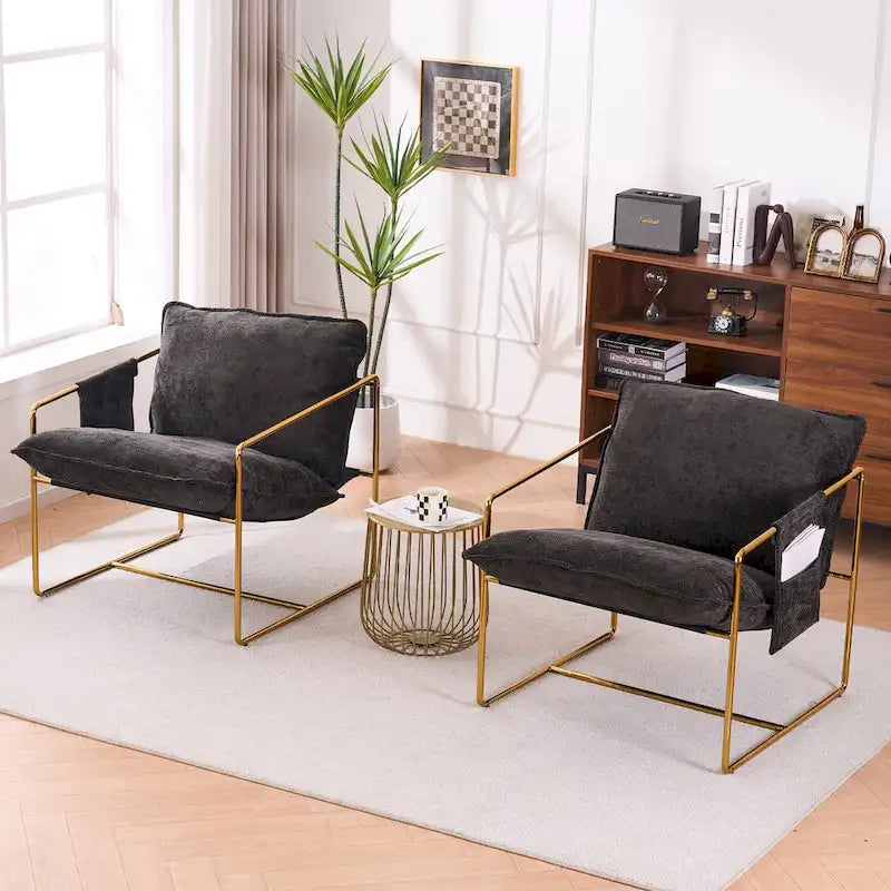 Fauteuil d'appoint moderne en velours, coussin en mousse broyée, structure tubulaire en acier doré, gris foncé