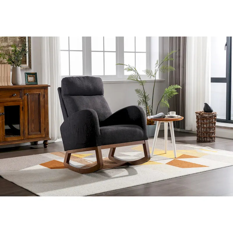 Fauteuil à bascule haut dossier en tissu Appuie-tête amovible Poche latérale Pieds en bois d'hévéa 8 coloris