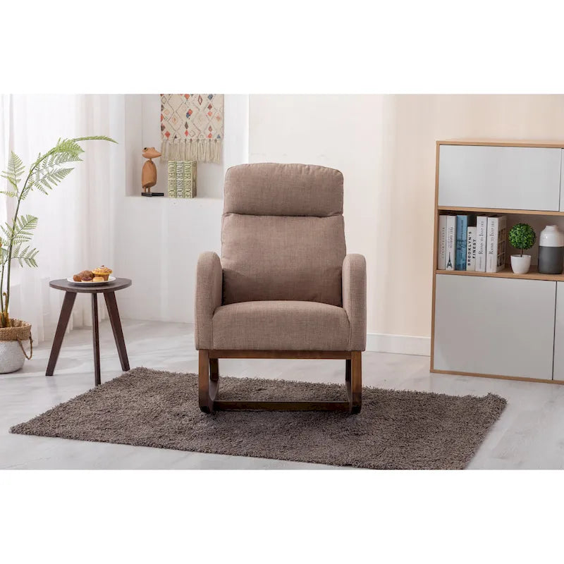 Fauteuil à bascule haut dossier en tissu Appuie-tête amovible Poche latérale Pieds en bois d'hévéa 8 coloris