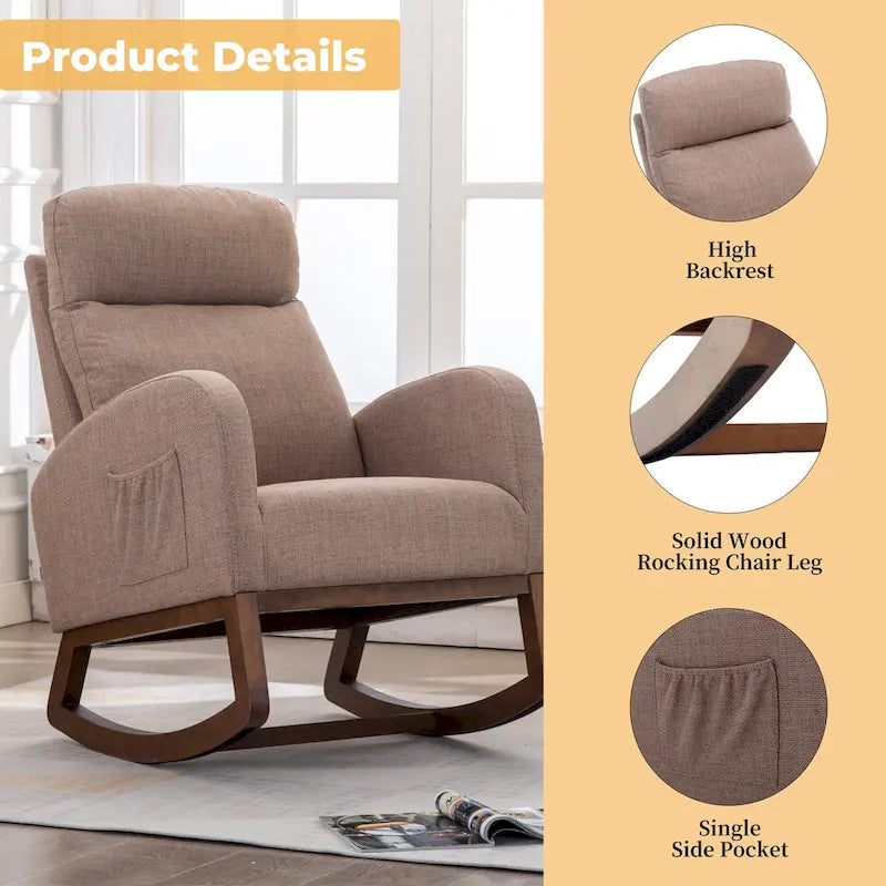 Fauteuil à bascule haut dossier en tissu Appuie-tête amovible Poche latérale Pieds en bois d'hévéa 8 coloris