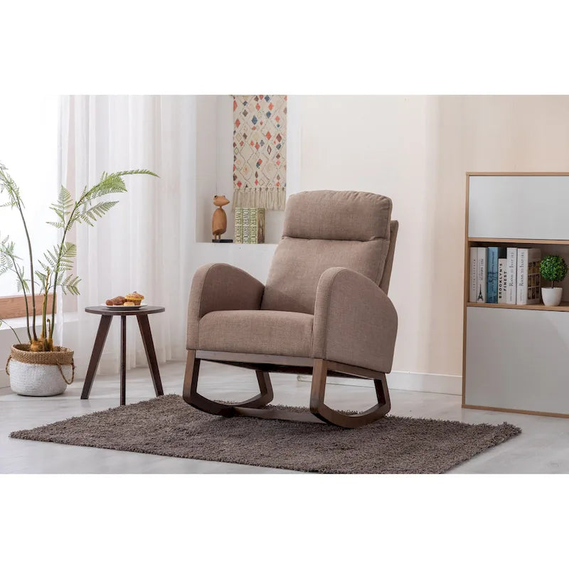 Fauteuil à bascule haut dossier en tissu Appuie-tête amovible Poche latérale Pieds en bois d'hévéa 8 coloris