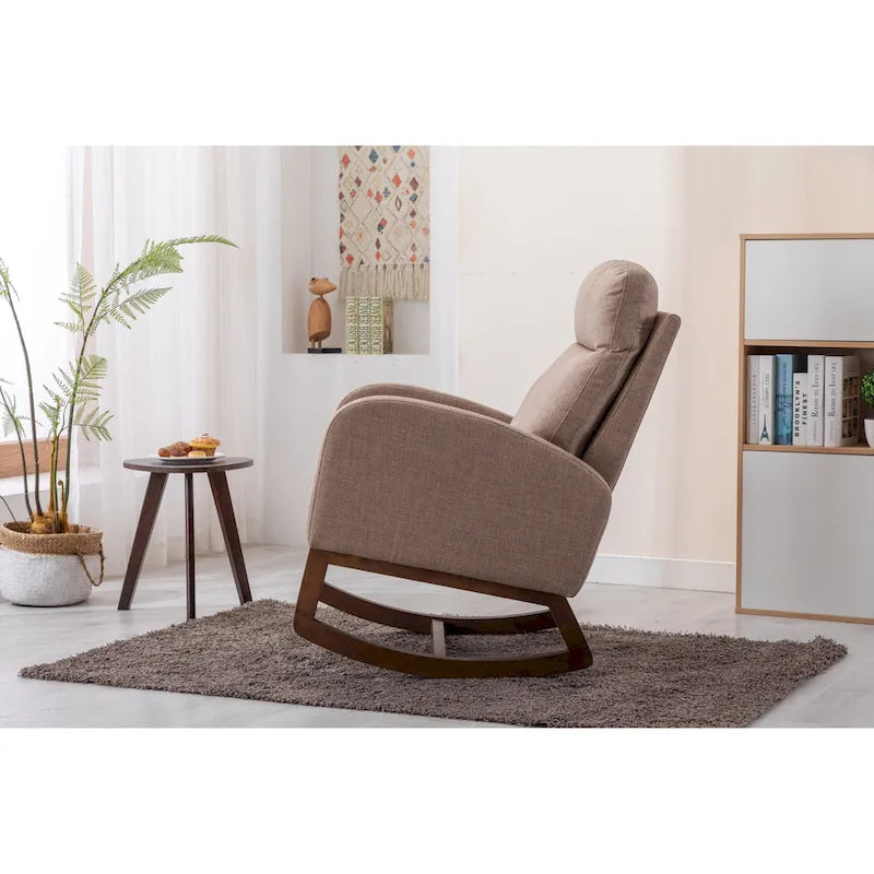 Fauteuil à bascule haut dossier en tissu Appuie-tête amovible Poche latérale Pieds en bois d'hévéa 8 coloris