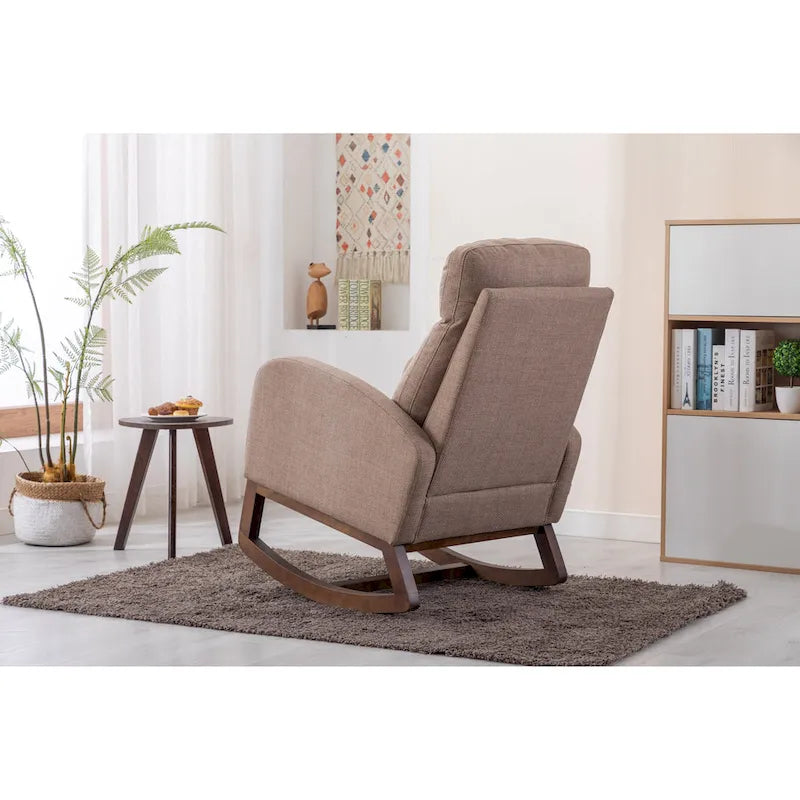 Fauteuil à bascule haut dossier en tissu Appuie-tête amovible Poche latérale Pieds en bois d'hévéa 8 coloris