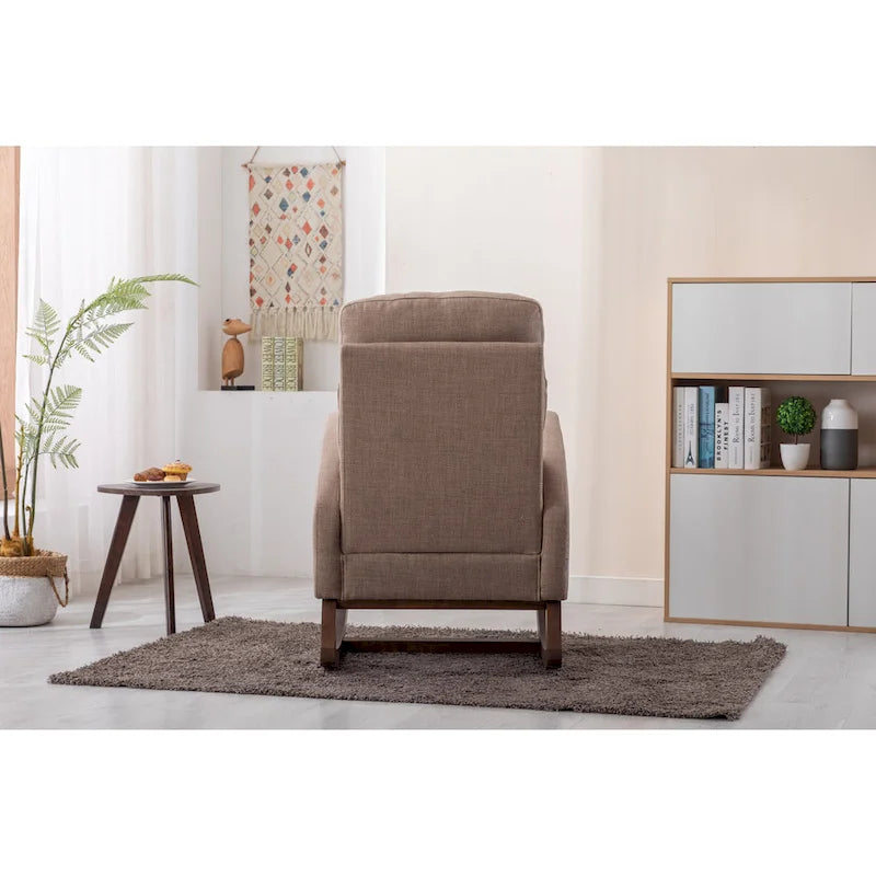 Fauteuil à bascule haut dossier en tissu Appuie-tête amovible Poche latérale Pieds en bois d'hévéa 8 coloris