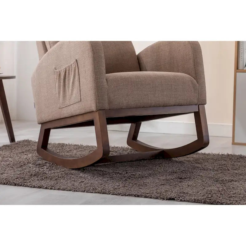 Fauteuil à bascule haut dossier en tissu Appuie-tête amovible Poche latérale Pieds en bois d'hévéa 8 coloris