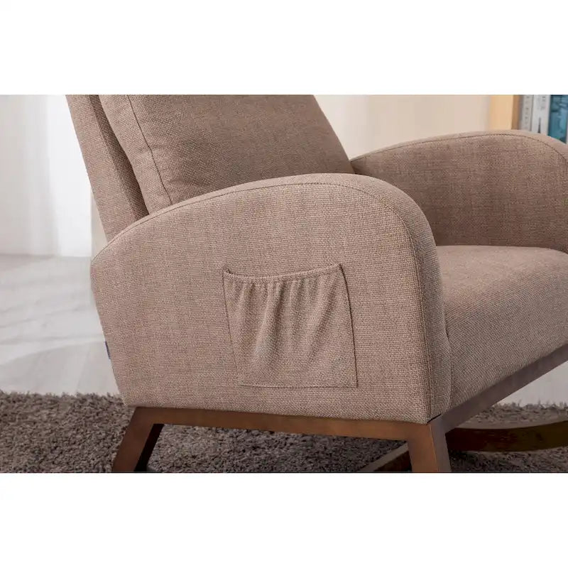Fauteuil à bascule haut dossier en tissu Appuie-tête amovible Poche latérale Pieds en bois d'hévéa 8 coloris