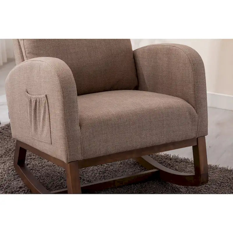 Fauteuil à bascule haut dossier en tissu Appuie-tête amovible Poche latérale Pieds en bois d'hévéa 8 coloris