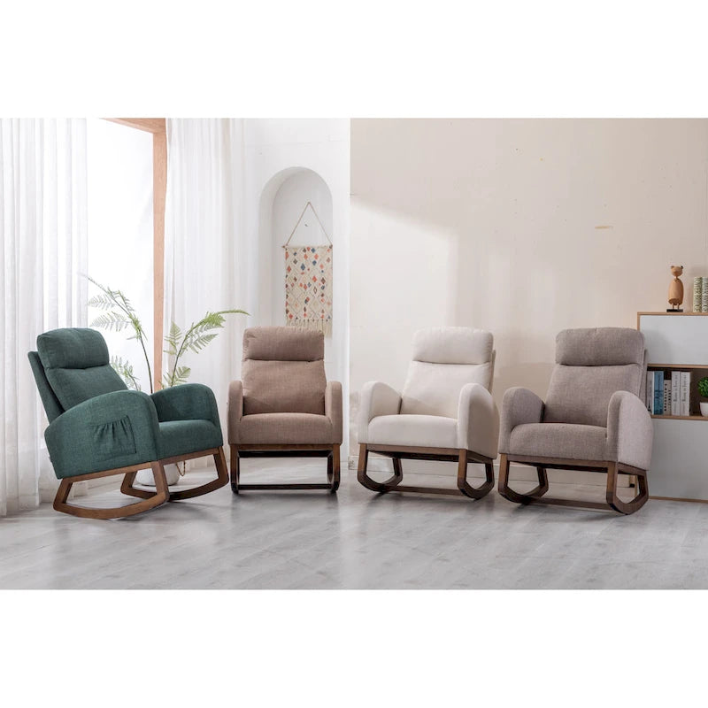 Fauteuil à bascule haut dossier en tissu Appuie-tête amovible Poche latérale Pieds en bois d'hévéa 8 coloris