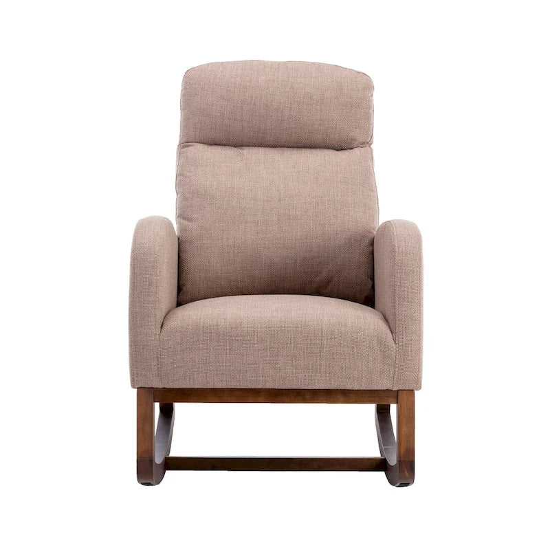 Fauteuil à bascule haut dossier en tissu Appuie-tête amovible Poche latérale Pieds en bois d'hévéa 8 coloris