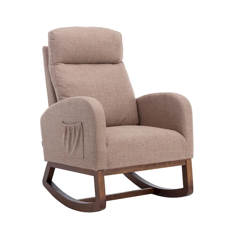 Fauteuil à bascule haut dossier en tissu Appuie-tête amovible Poche latérale Pieds en bois d'hévéa 8 coloris