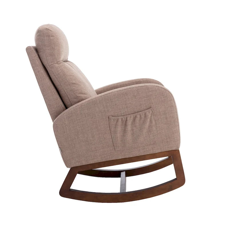 Fauteuil à bascule haut dossier en tissu Appuie-tête amovible Poche latérale Pieds en bois d'hévéa 8 coloris