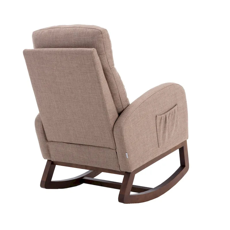 Fauteuil à bascule haut dossier en tissu Appuie-tête amovible Poche latérale Pieds en bois d'hévéa 8 coloris