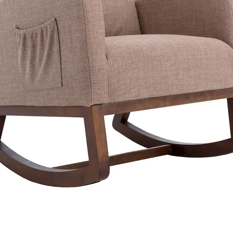 Fauteuil à bascule haut dossier en tissu Appuie-tête amovible Poche latérale Pieds en bois d'hévéa 8 coloris