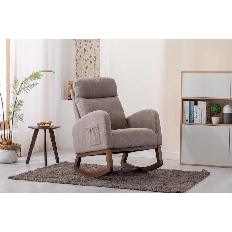 Fauteuil à bascule haut dossier en tissu Appuie-tête amovible Poche latérale Pieds en bois d'hévéa 8 coloris