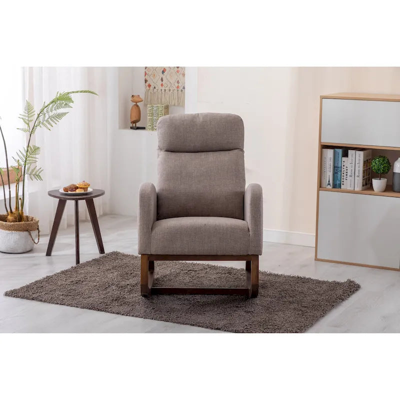 Fauteuil à bascule haut dossier en tissu Appuie-tête amovible Poche latérale Pieds en bois d'hévéa 8 coloris