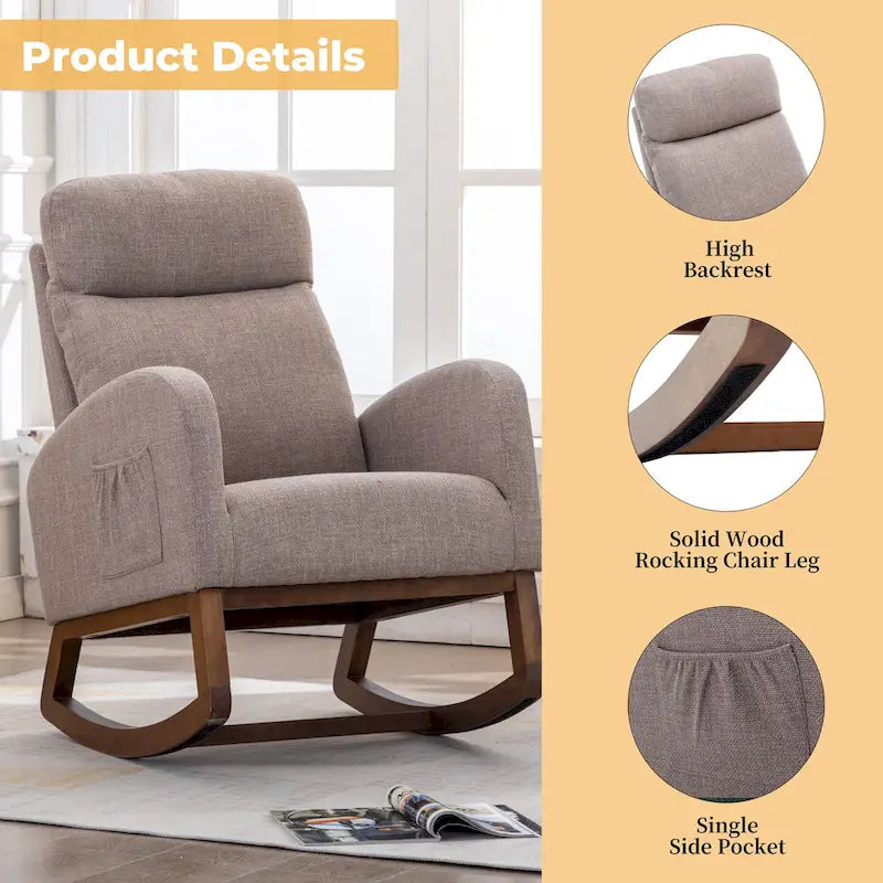 Fauteuil à bascule haut dossier en tissu Appuie-tête amovible Poche latérale Pieds en bois d'hévéa 8 coloris