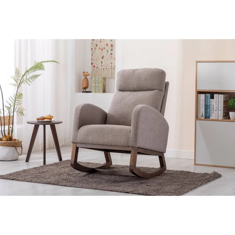 Fauteuil à bascule haut dossier en tissu Appuie-tête amovible Poche latérale Pieds en bois d'hévéa 8 coloris