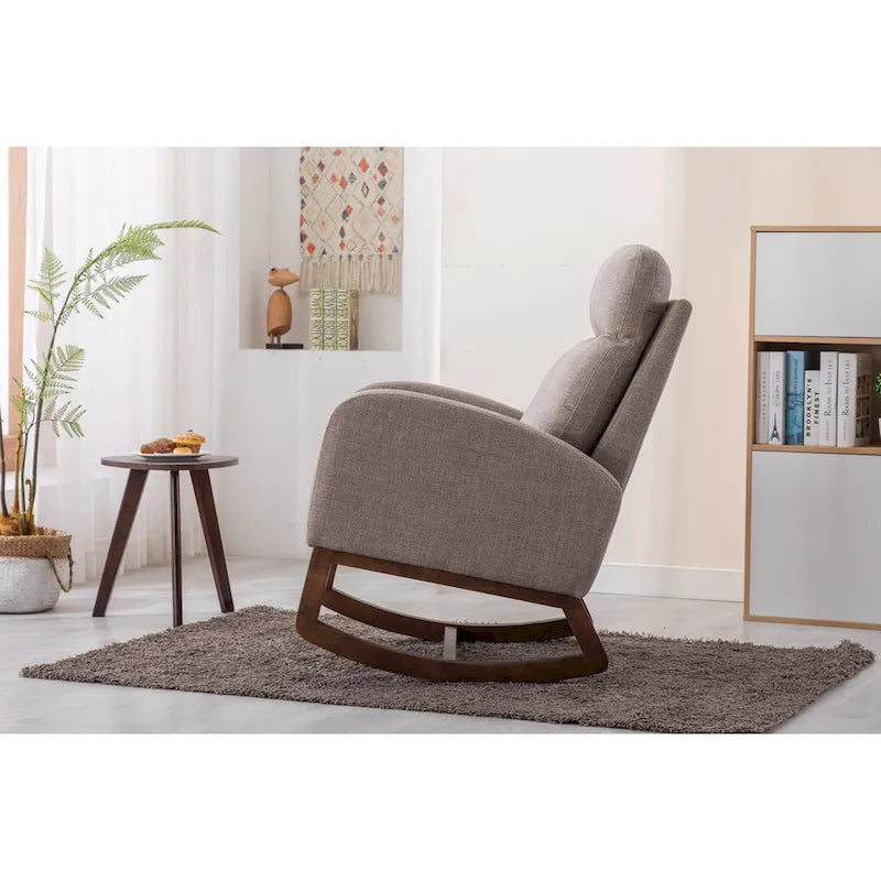 Fauteuil à bascule haut dossier en tissu Appuie-tête amovible Poche latérale Pieds en bois d'hévéa 8 coloris