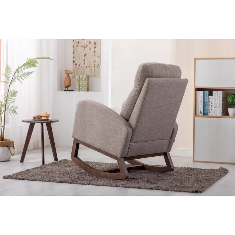 Fauteuil à bascule haut dossier en tissu Appuie-tête amovible Poche latérale Pieds en bois d'hévéa 8 coloris