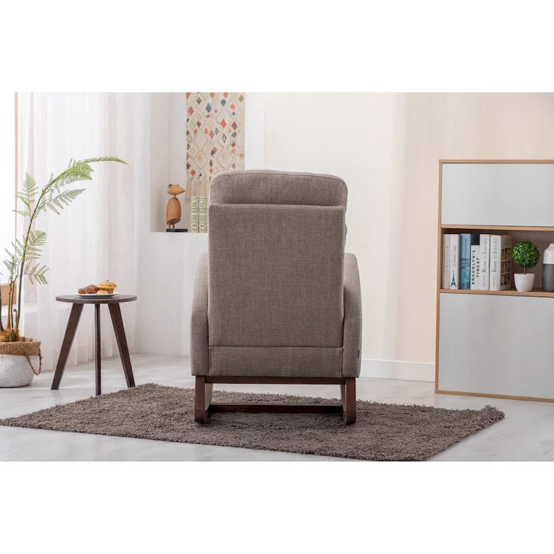 Fauteuil à bascule haut dossier en tissu Appuie-tête amovible Poche latérale Pieds en bois d'hévéa 8 coloris