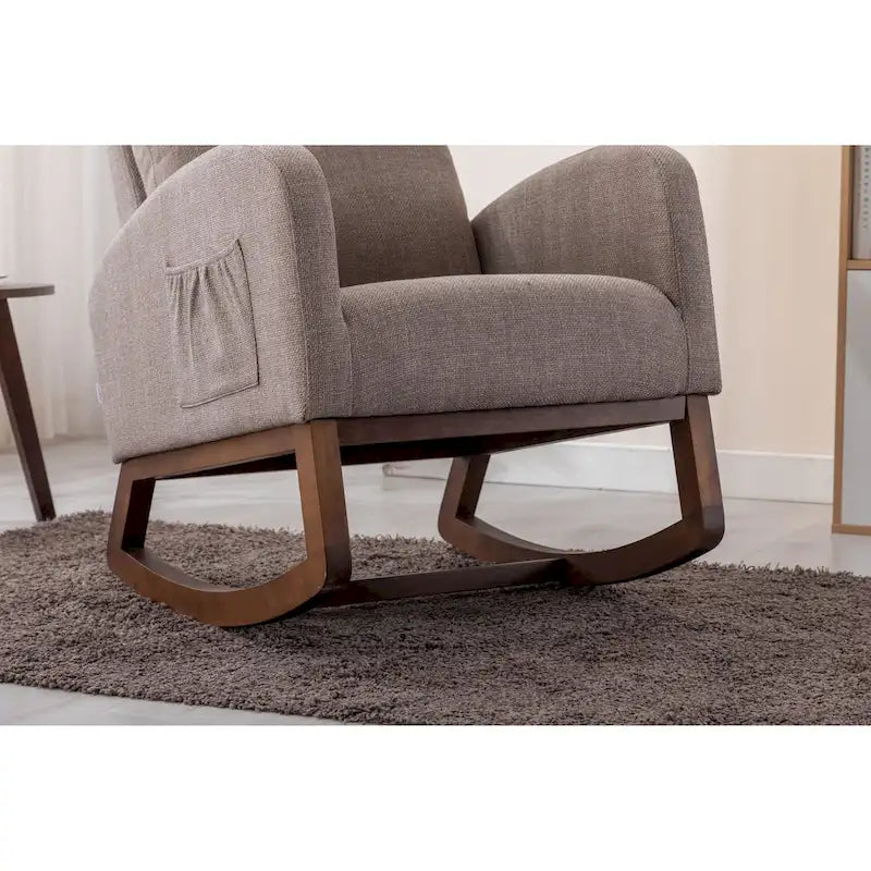 Fauteuil à bascule haut dossier en tissu Appuie-tête amovible Poche latérale Pieds en bois d'hévéa 8 coloris