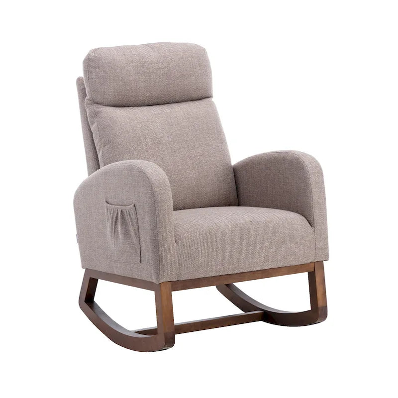 Fauteuil à bascule haut dossier en tissu Appuie-tête amovible Poche latérale Pieds en bois d'hévéa 8 coloris