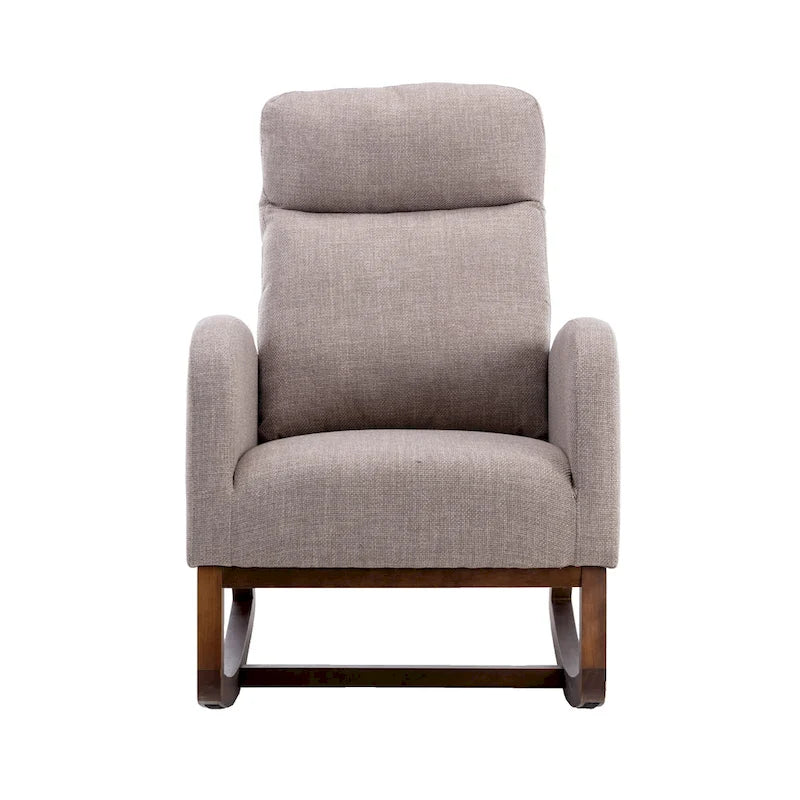 Fauteuil à bascule haut dossier en tissu Appuie-tête amovible Poche latérale Pieds en bois d'hévéa 8 coloris