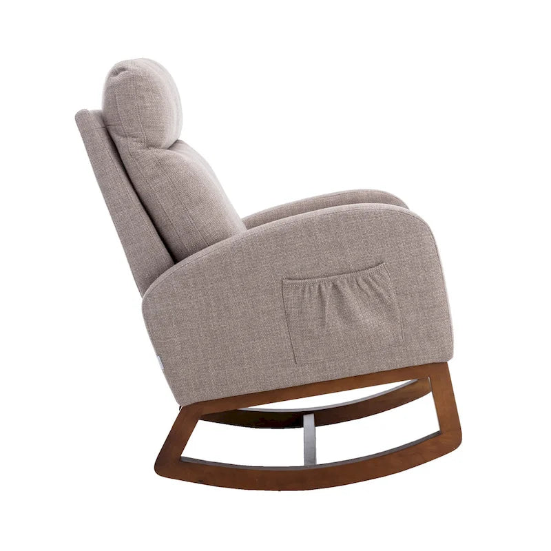 Fauteuil à bascule haut dossier en tissu Appuie-tête amovible Poche latérale Pieds en bois d'hévéa 8 coloris