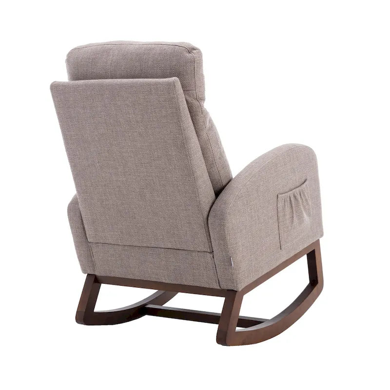 Fauteuil à bascule haut dossier en tissu Appuie-tête amovible Poche latérale Pieds en bois d'hévéa 8 coloris