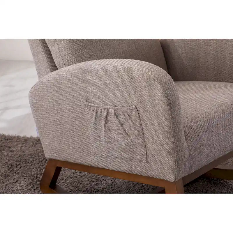 Fauteuil à bascule haut dossier en tissu Appuie-tête amovible Poche latérale Pieds en bois d'hévéa 8 coloris