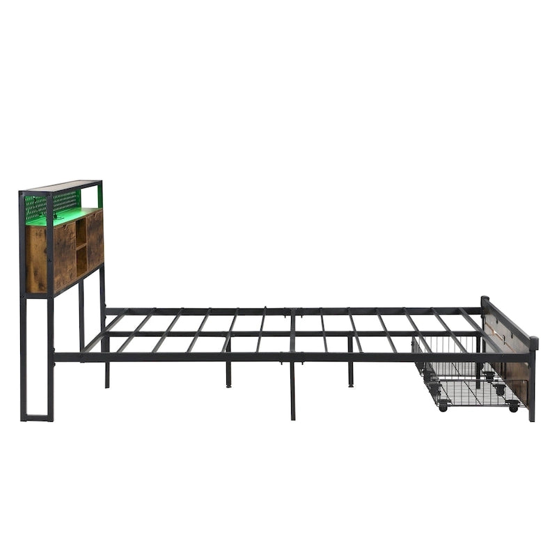 Lit plateforme industriel King Size Tête de lit LED Prises USB 2 tiroirs Noir Marron