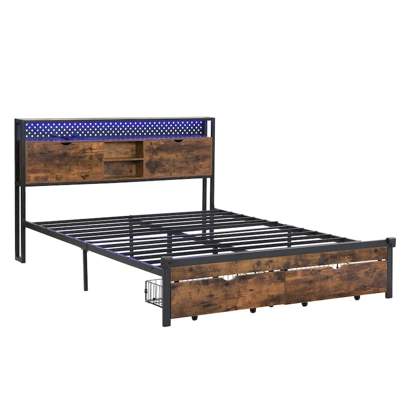 Lit plateforme industriel King Size Tête de lit LED Prises USB 2 tiroirs Noir Marron
