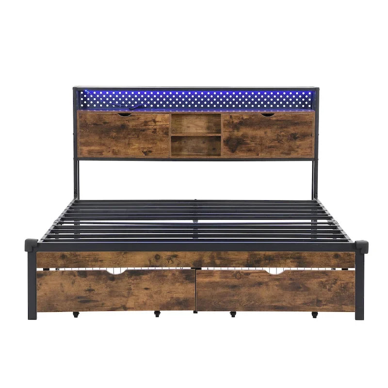 Lit plateforme industriel King Size Tête de lit LED Prises USB 2 tiroirs Noir Marron