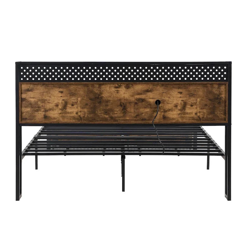 Lit plateforme industriel King Size Tête de lit LED Prises USB 2 tiroirs Noir Marron