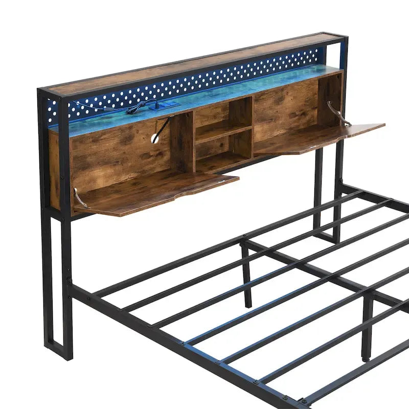 Lit plateforme industriel King Size Tête de lit LED Prises USB 2 tiroirs Noir Marron