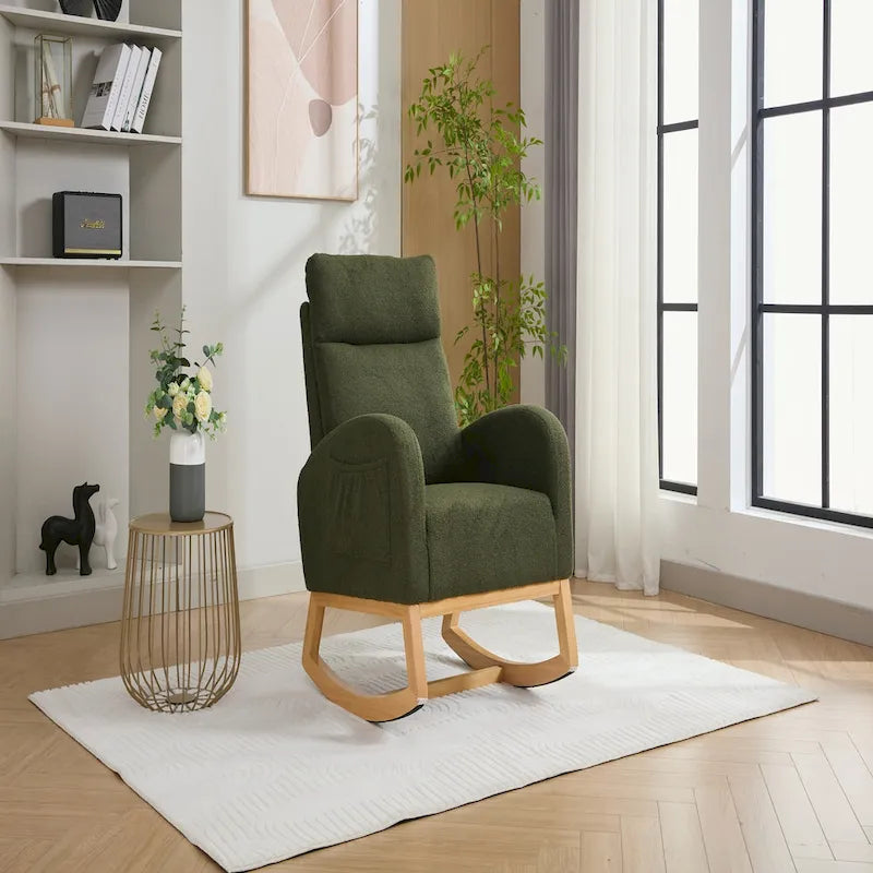 Fauteuil à bascule haut dossier Teddy Boucle Patins en bois d'hévéa Poche latérale Vert