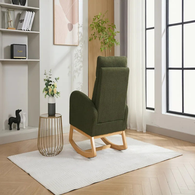 Fauteuil à bascule haut dossier Teddy Boucle Patins en bois d'hévéa Poche latérale Vert