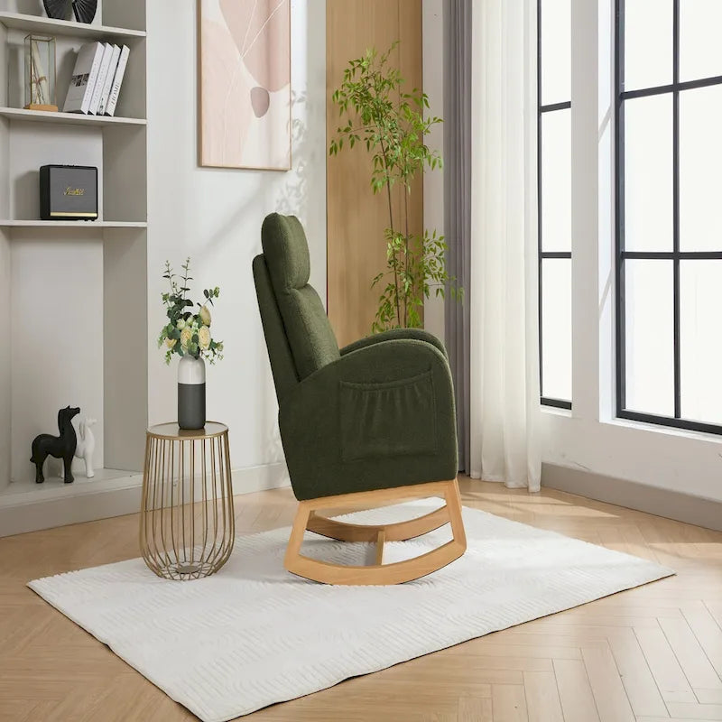 Fauteuil à bascule haut dossier Teddy Boucle Patins en bois d'hévéa Poche latérale Vert