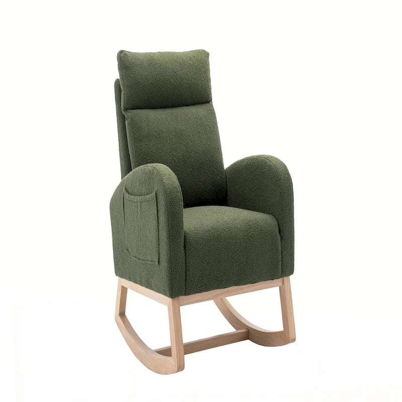Fauteuil à bascule haut dossier Teddy Boucle Patins en bois d'hévéa Poche latérale Vert