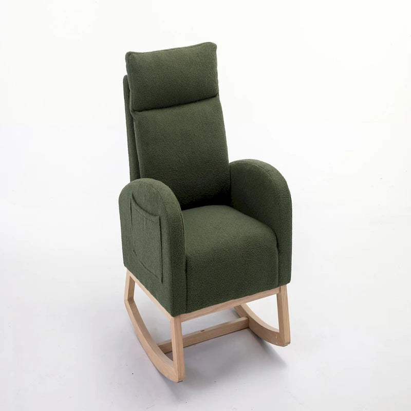 Fauteuil à bascule haut dossier Teddy Boucle Patins en bois d'hévéa Poche latérale Vert