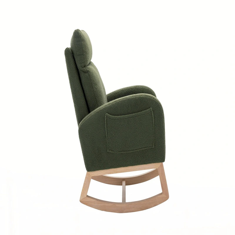 Fauteuil à bascule haut dossier Teddy Boucle Patins en bois d'hévéa Poche latérale Vert