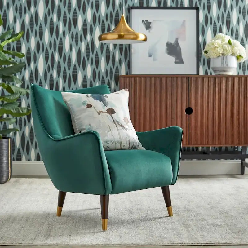 Fauteuil d'appoint à dossier haut Mid-Century Modern Pieds Noyer Embouts Dorés Gris Clair Vert Émeraude
