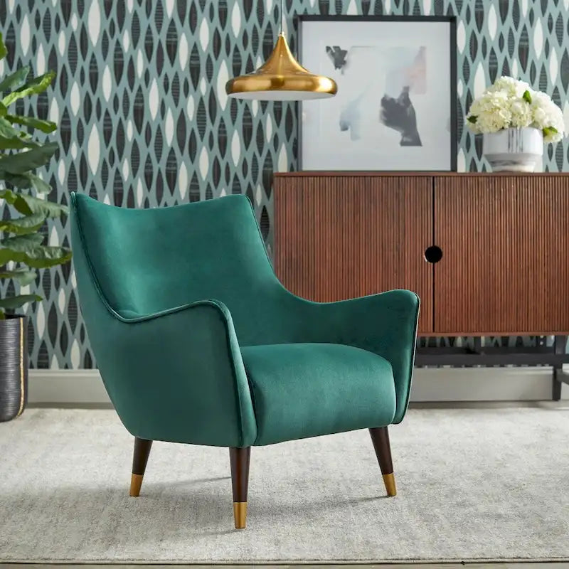 Fauteuil d'appoint à dossier haut Mid-Century Modern Pieds Noyer Embouts Dorés Gris Clair Vert Émeraude