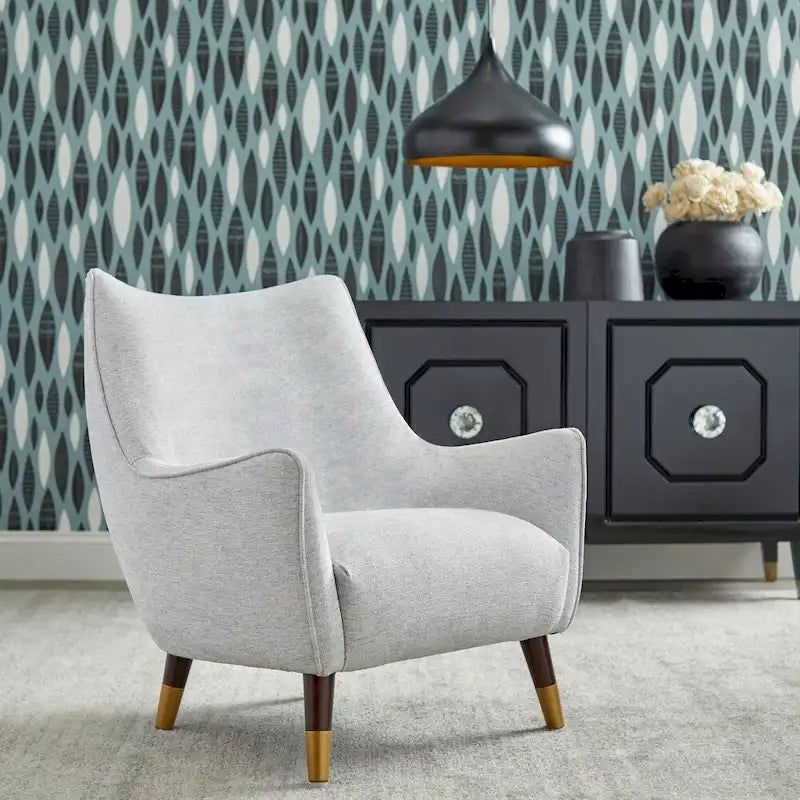 Fauteuil d'appoint à dossier haut Mid-Century Modern Pieds Noyer Embouts Dorés Gris Clair Vert Émeraude