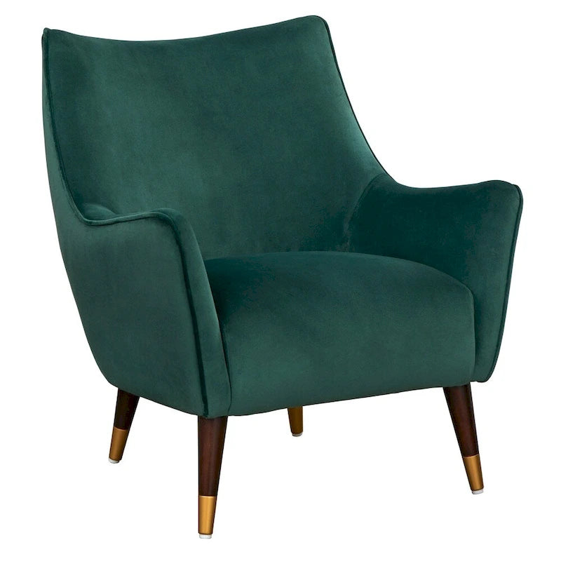 Fauteuil d'appoint à dossier haut Mid-Century Modern Pieds Noyer Embouts Dorés Gris Clair Vert Émeraude
